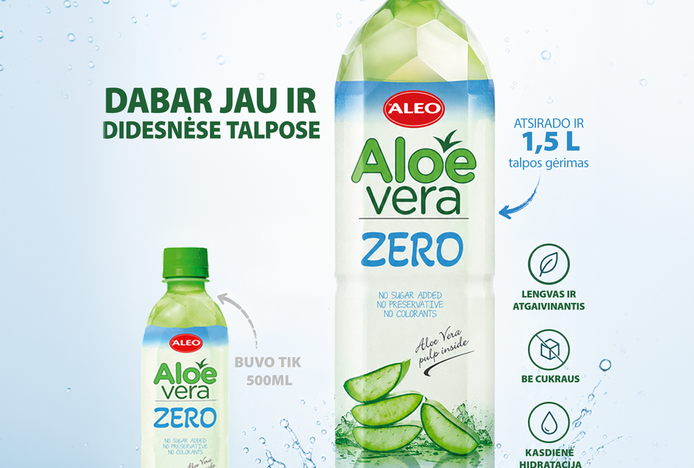 ALEO Aloe Vera Zero 1.5L pakuotėje - becukrė Aloe gėrimas
